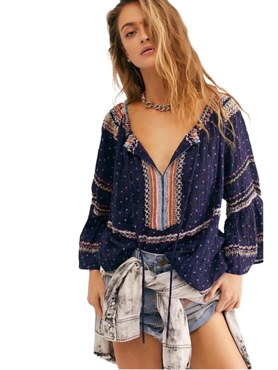 Free People Tops - Free People “Talia” Embroidered Top in Navy/Multicolor, Boho Peasant Bell Sleeve
